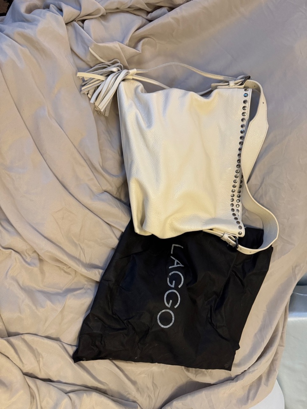 LAGGO White Leather Hobo Bag with Stud Accent